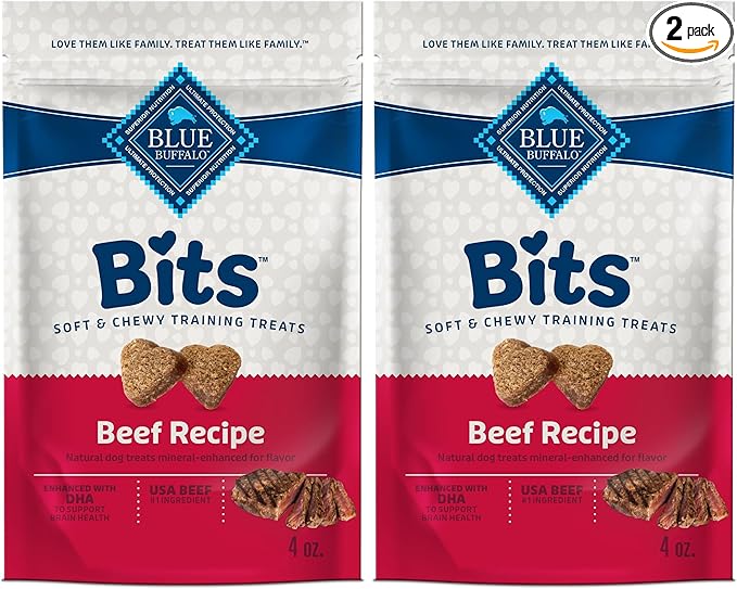 Blue Buffalo Bits Soft Dog Treats for Training,Made with Natural Ingredients & Enhanced with DHA,Beef Recipe,4-oz Bag,(Pack of 2)