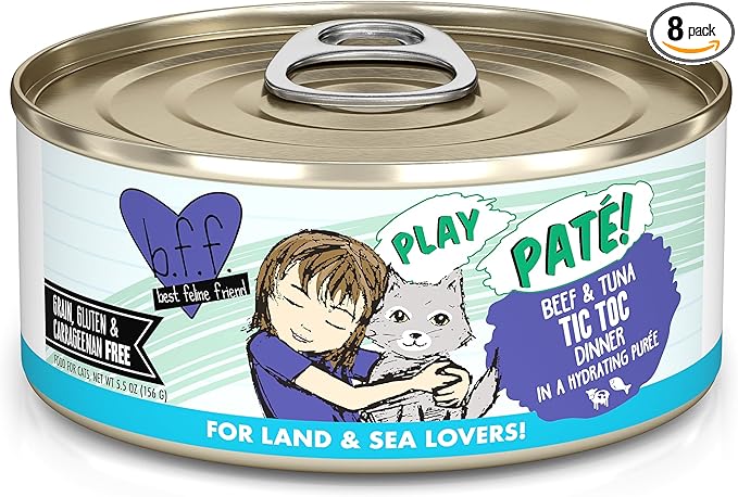 Weruva B.F.F. Play - Best Feline Friend Paté Lovers, Aw Yeah!, Beef & Tuna Tic TOC with Beef & Tuna, 5.5oz Can (Pack of 8)
