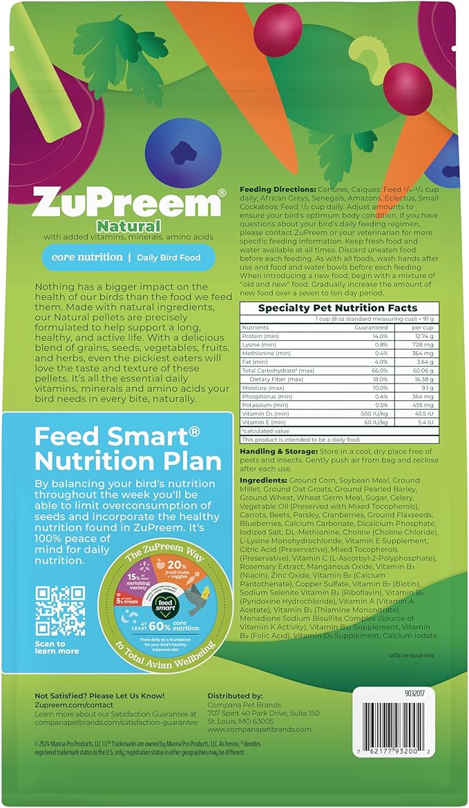 ZuPreem Smart Selects Bird Food, Cockatoo Food, Bird Feed Pellets and Seed Blend, Macaw Diet, Daily Nutrition for Amazons, Cockatoos, and Macaws, Made in USA, Amazon Diet, (Large, 4 lb bag)