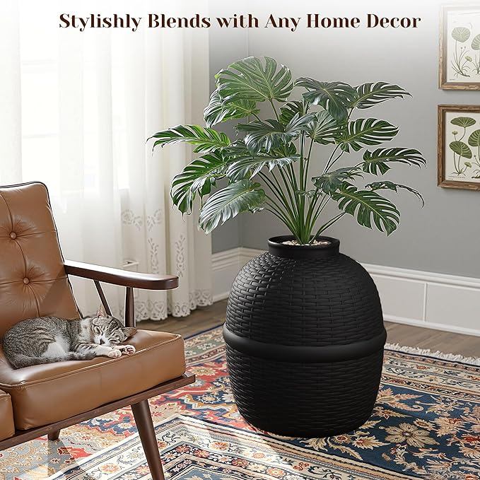 FansaFurn Large Cat Litter Box, Hidden Litter Box with Faux Plant, Heavy Duty Litterbox Enclosure Furniture with Rattan Pattern, PP Cat Box Enclosure Furniture for Living Room, Bedroom, Black