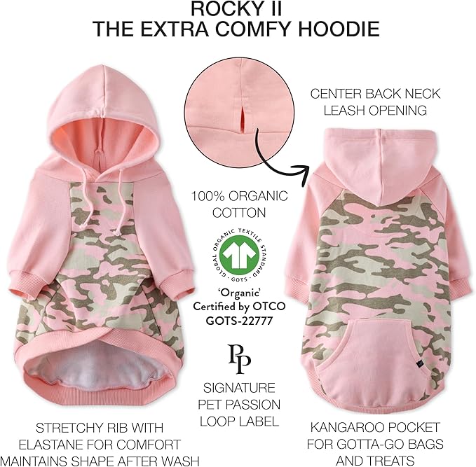 Pet Passion Rocky II - The Extra Comfy Hoodie, Organic Cotton and Recycled Poly Dog Hoodie Pet Coat Sweater for Small, Medium, Large Dogs, Pink Half Camo, X-Large