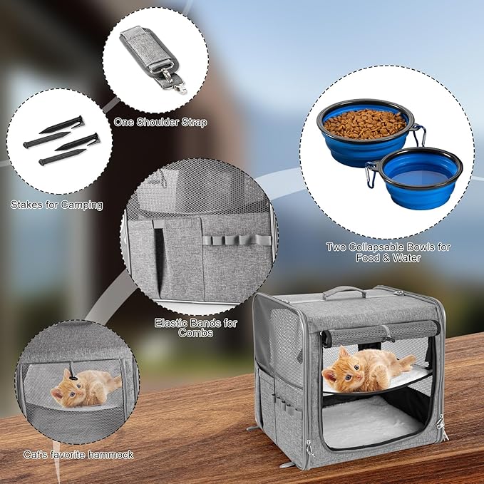 Cat Carrier for 2 Cats, Pet Travel Carrier for Cats and Small Dogs Up to 45 Lbs, Bowls, and Locking Zippers