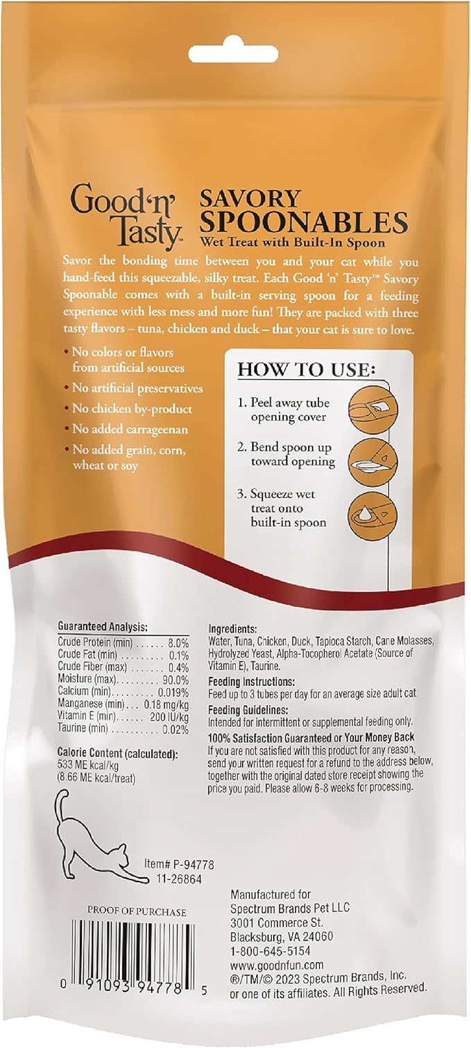 Good 'N' Tasty Savory Spoonables with Real Tuna, Chicken & Duck, 6 Count Tube, Triple Flavor Squeezable Lickable Wet Treats for Cats with Built-in Spoon for Less Mess