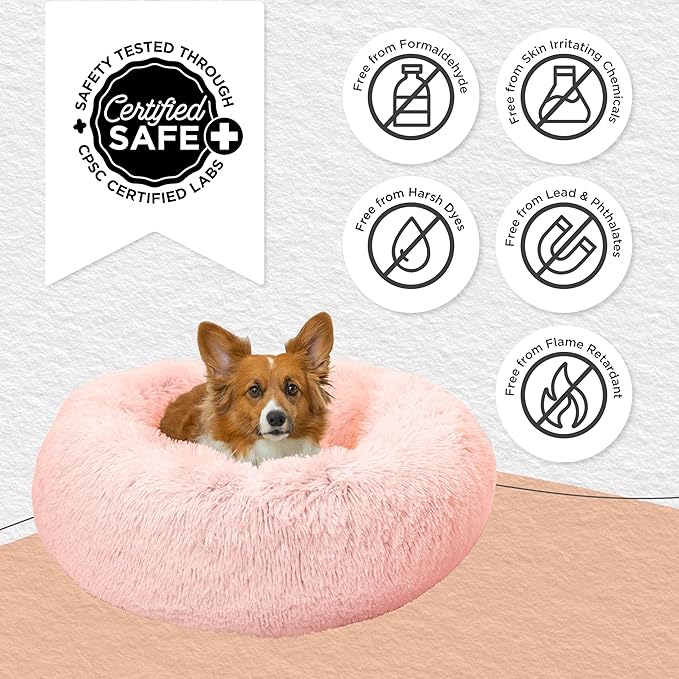 Best Friends by Sheri The Original Calming Donut Dog Bed for Medium Dogs up to 45 lbs, Shag Faux Fur, Cotton Candy Pink, 30" x 30"