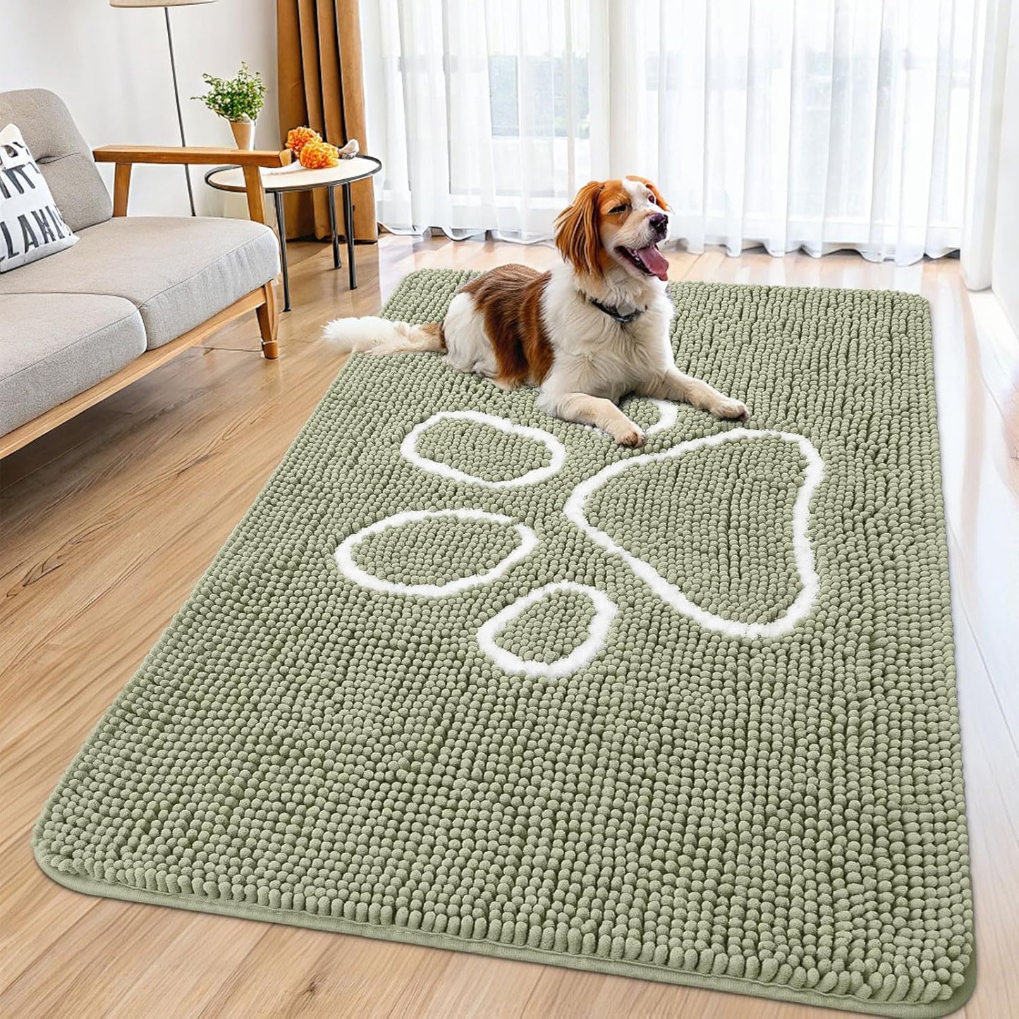 Smiry Dog Door Mat for Muddy Paws, Absorbent Dirt Trapper Non Slip Quick Dry Washable Chenille Mat for Mud Dogs, Entry Rug for Indoor and Outdoor (59x35 Inches, Sage Green)