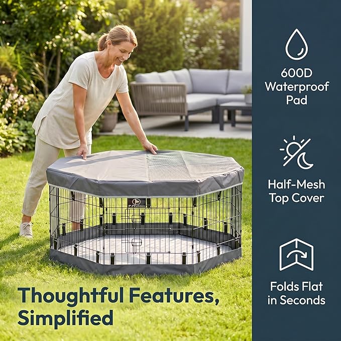 PJYuCien Dog Playpen with Top Cover and Bottom Pad - Metal Foldable Exercise Pen, 8 Panels 24" H x 24" W Indoor Outdoor Pet Fence Puppy Crate Kennel, Gray