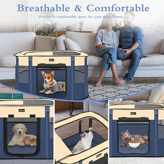 Dog Playpen, Pet Playpen, Foldable Kitten cage Puppy Play Pen, Portable Dog Kennel Tent Crate, Indoor Outdoor Travel Camping Use for Small Animals with Carrying Case (Blue XL)