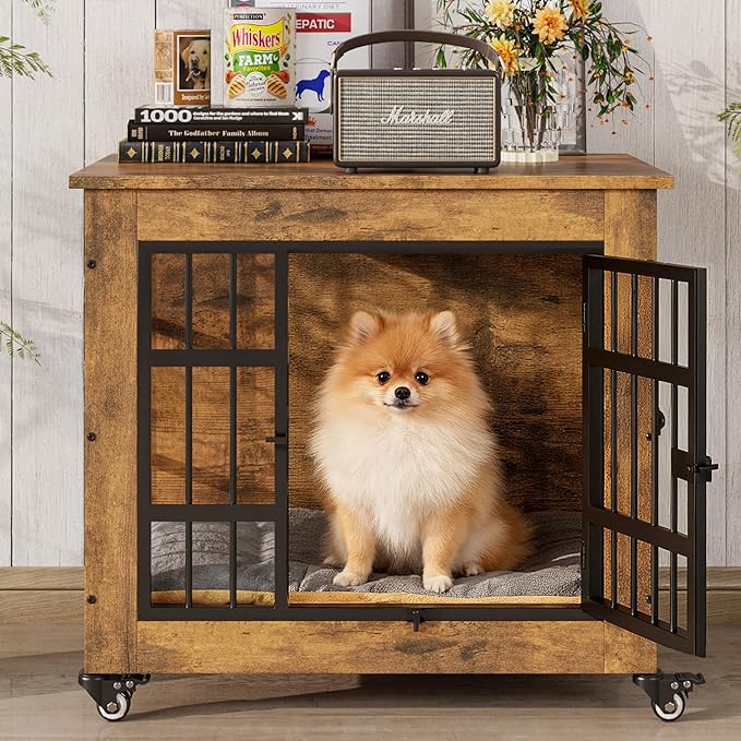 Halitaa 27.1" Dog Crate Furniture with Cushion and Wheels, Wooden Dog Kennel Indoor for Small Dogs, Farmhouse Pet Cage for Anxiety Dog, Rustic Brown (27.1" L x 17.9" W x 24.8" H)