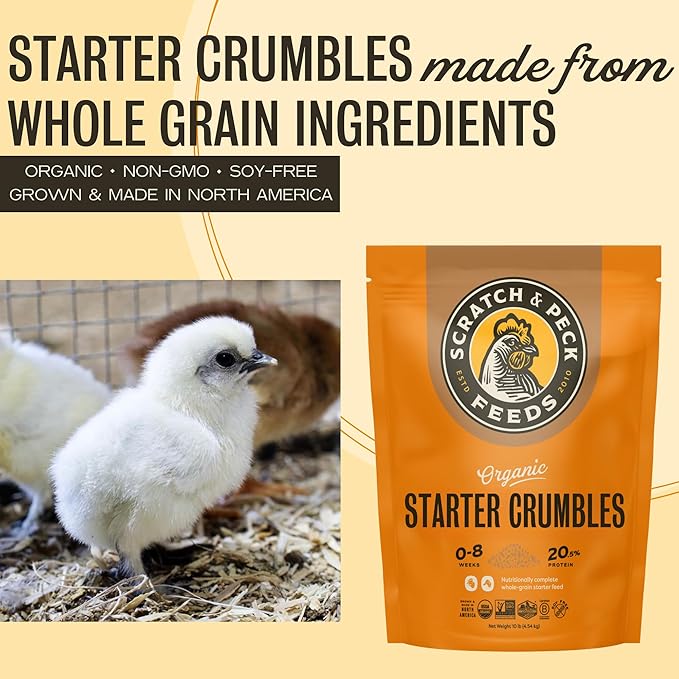 Scratch and Peck Feeds Whole Grain Starter Crumbles Chicken and Duck Feed - 10 lbs Bag - Corn-Free and Soy-Free - 20.5% Protein, Certified Organic and Non-GMO Project Verified Chicken Food