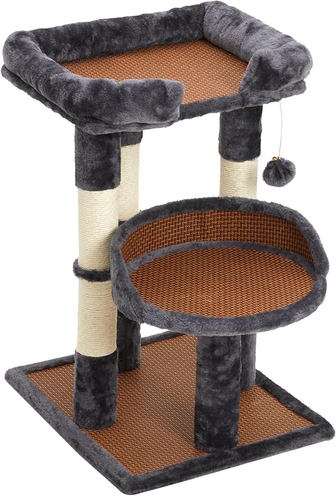 Fansafurn Multi-Level Cat Tree for Indoor Cats, Modern Cat Tower with Double Beds & Scratching Posts, 27 in Cute Cat Tree for Large Cats and Kitten, Small Cat Climbing Tower with Hanging Toys, Grey