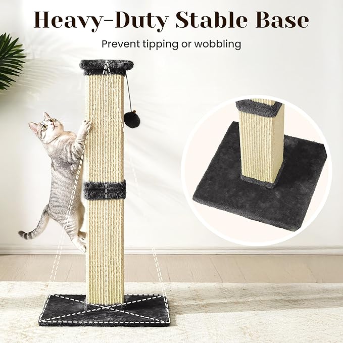 Fansafurn Tall Cat Scratching Post, 32'' Heavy Duty and Thick Scratching Post, Scratching Post for Adult Cats, Thick Sisal Rope with Hanging Ball, Grey