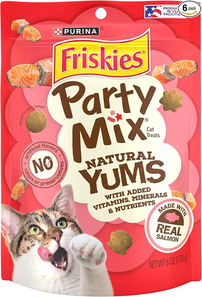 Purina Friskies Natural Cat Treats, Party Mix Natural Yums With Real Salmon and Vitamins, Minerals & Nutrients - (Pack of 6) 6 oz. Pouches
