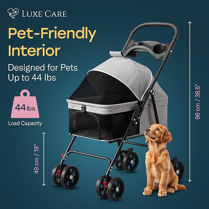 4 Wheel Foldable Pet Stroller - Lightweight Dogs and Cats Stroller Upto 44lbs with Mesh Canopy, Storage Basket and Cup Holder, Durable for Walks and Outings (Small)
