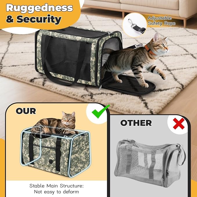 Cat Carrier Soft 25lbs Two Loading Pet Carriers Portable Small Dog Puppy Airline Approved Carrier with Side Pockets Foldable Portable for Outdoor Car Digital Camouflage