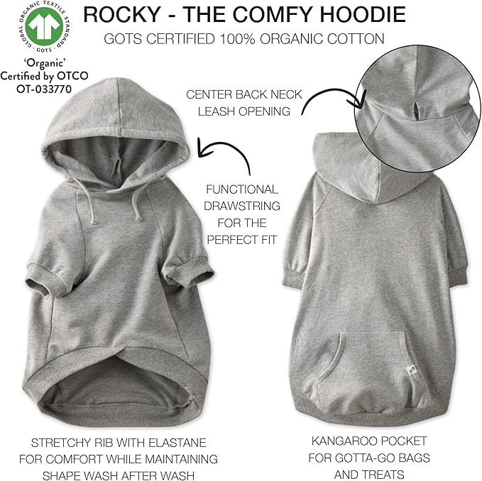Pet Passion Rocky – The Original Lightweight Hooded Tee 100% Organic Cotton Dog Hoodie Pet Coat Sweater for All Sized Dogs, Heather Grey, X-Small (5-12 lbs)