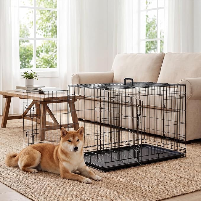 Dog Crate - 36 Inch Medium Double Door Portable Dog Cage, Metal Wire Pet Kennel with Secure Lock, Leak-Proof Pan Tray, Foldable Design for Dogs Pets Indoor Training and Outdoor Trave