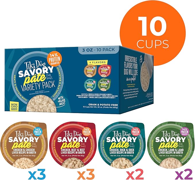 Tiki Dog Savory Paté Wet Dog Food, Variety Pack, 3 oz. Cup (10 Count)