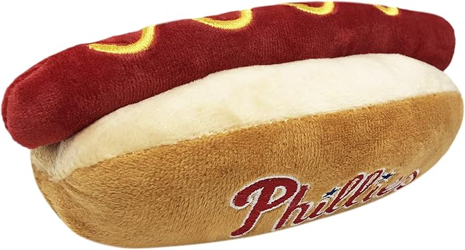 MLB Philadelphia Phillies Plush Dog Toys - Stadium Theme Snacks - Cutest Plush HOT-Dog Toy for Dogs & Cats with Inner Squeaker & Premium Embroidery of Baseball Team Name/Logo
