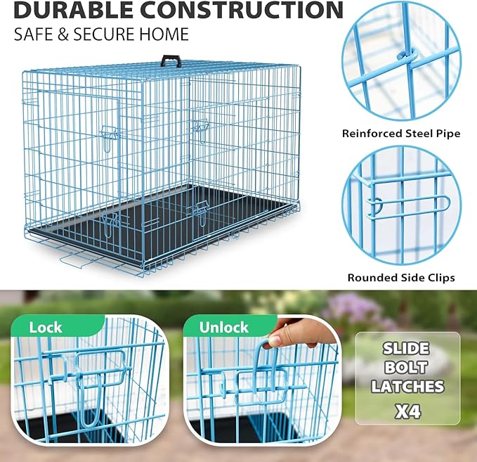 Large Dog Crate Metal Wire Double-Door Folding Pet Cage with Plastic Tray & Handle - Portable Dog Crate for Travel, Dog Travel Crate, Dog Cage for Small Dogs (Blue, 24")
