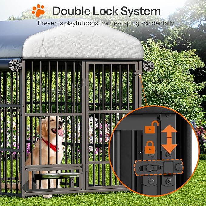 HOOBRO Dog Kennel Outdoor with Cover, 6.6 x 3.9 x 5.9 ft Dog Kennel Outside with Waterproof Roof and Rotating Feeding Bowls, Heavy-Duty Large Cage Enclosure, for Medium & Large Dogs, Black BK212GW03
