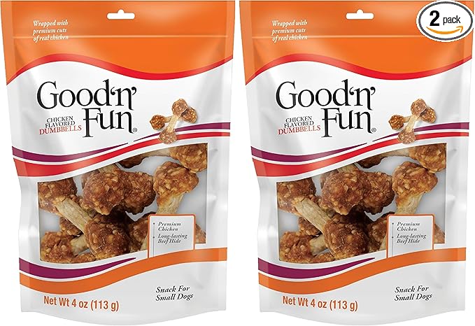 Good 'n' Fun Chicken Flavored Dumbbells 4 Ounces, Rawhide Snacks for Small Dogs (Pack of 2)