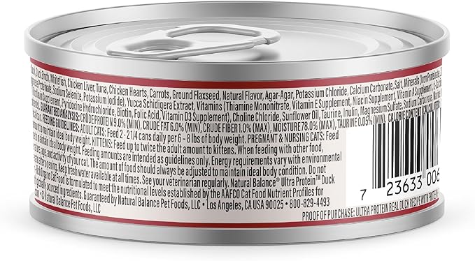Natural Balance Ultra Protein Wet Cat Food Pate, Real Duck Recipe with Protein-Rich Organs for Cats, Pate Cat Food with High Protein - 2.8 oz. (Pack of 24)