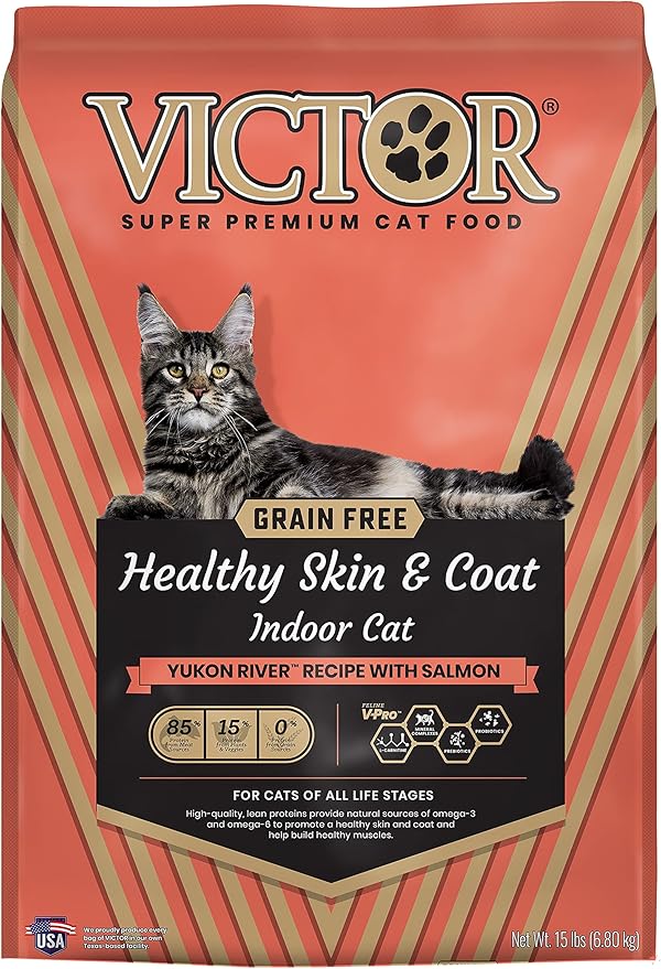 VICTOR Super Premium Cat Food – Grain Free Healthy Skin & Coat - Dry Kibble for Indoor Cats – High Protein - 38% Protein, 18% Fat - Made with Salmon and Fish Meal – All Breeds & All Life Stages, 15lb