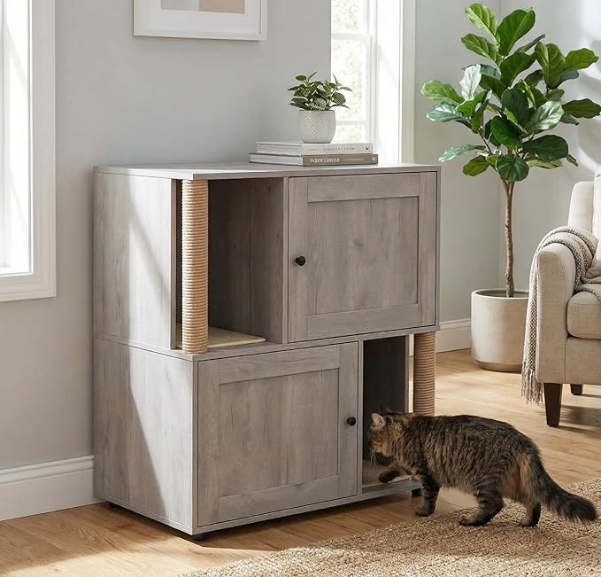 Dual Cat Litter Box Enclosure, Hidden Litter Furniture Cabinet with Two Scratch Mats and Scratching Post, Modern Farmhouse Wooden Covered Cat Washroom, End Table Design, Grey