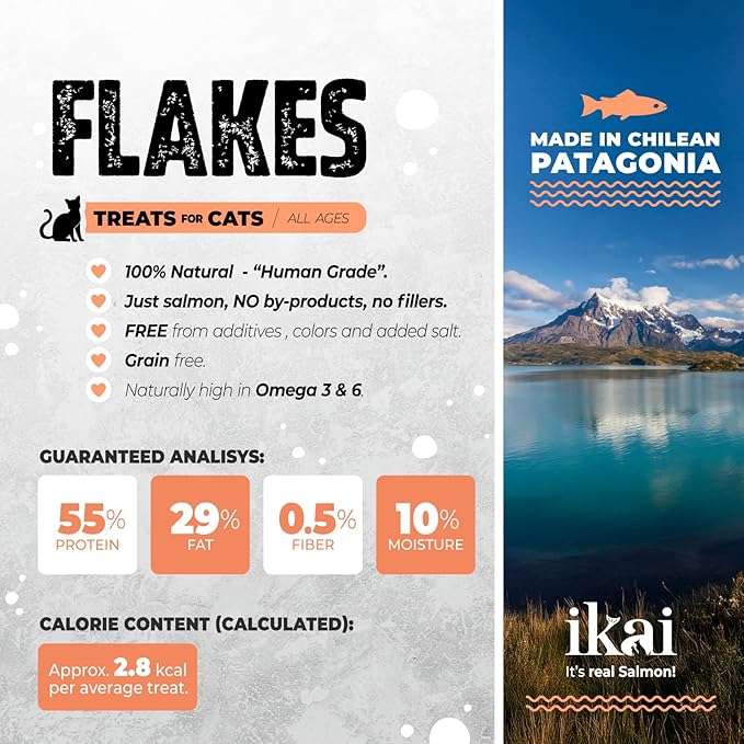IKAI - 100% Natural Flakes Cat Treats - Single Ingredient: Patagonian Salmon from Chile, Hypoallergenic, with Omega 3 & 6 for Healthy Skin & Glossy Coat, Dehydrated, Grain-Free - 1.41 Oz (1)