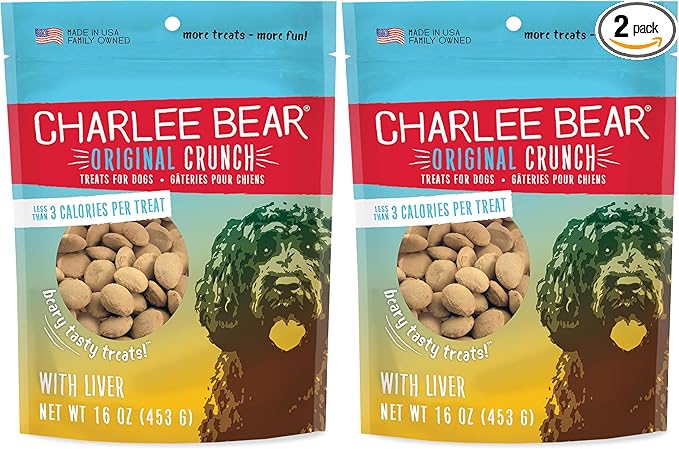 Charlee Bear Original Crunch Dog Treats, Chicken Liver, 16 Ounce Resealable Bag, Low Calorie Training Treats for Dogs, Limited Ingredient, Healthy, Crunchy Dog Snacks, Made in USA (Pack of 2)