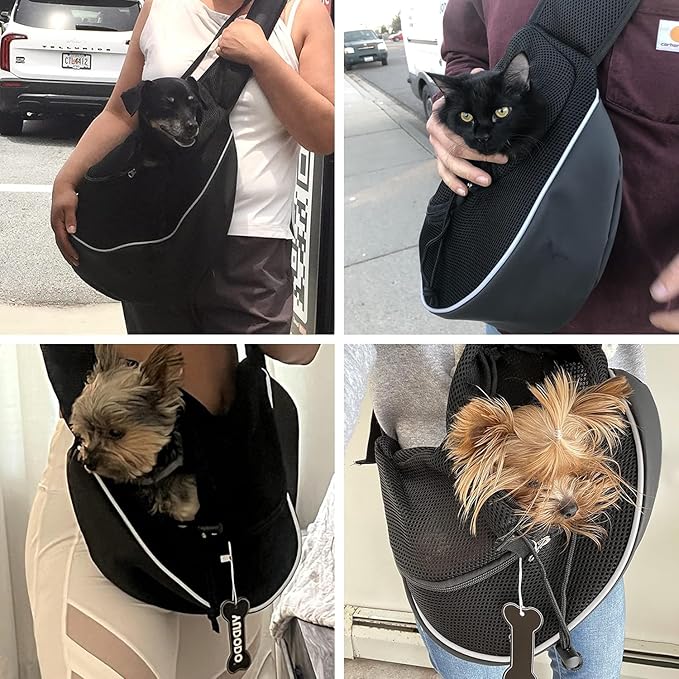 YUDODO Pet Sling Carrier for 2-5 lbs Small Dogs & Cats – Hands-Free Puppy Carrier with Safety Hook, Large Zipper Pocket, Soft Breathable Mesh, Adjustable Strap & Reflective Strip (Black 2.0 S)
