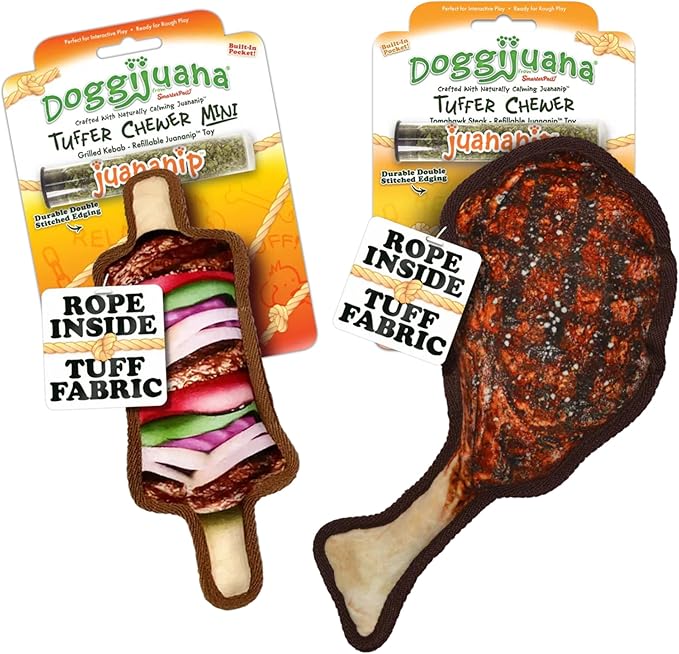 Doggijuana Cafe Combo Refillable Juananip Toy Bundle | Tomahawk Steak & Grilled Kebab | Funny Dog Toy Plush with Catnip and Refill | Interactive Chew for Play
