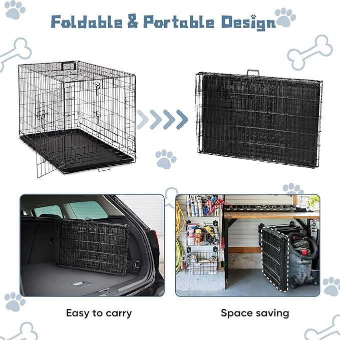 DUMOS Dog Crate, 36 Inch Medium Double Door Dog Cage with Plastic Leak-Proof Pan Tray, Folding Metal Wire Pet Kennel for Indoor, Outdoor, Travel, Black