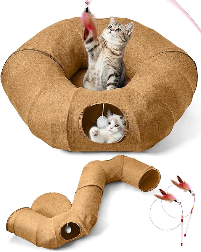 Linen Cat Tunnels with Central Cat Bed, Interactive Cat Toys Detachable Washable Soft Mat Large Indoor Play Tunnel Cave for Kittens and Small Animals