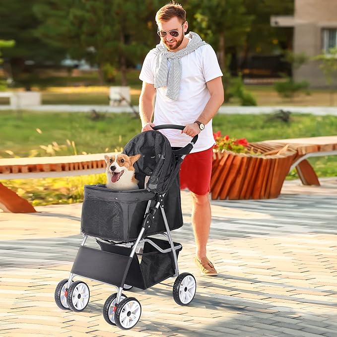 4 Wheels Foldable Pet Dog Cat Jogger Stroller Travel Carrier Strolling Cart w/Waterproof Cover Storage Basket Cup Holder & Removable Liner for Medium Small Cat Dog, Black