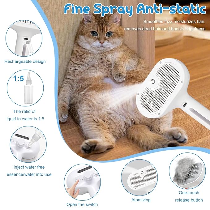2026 Fresh Fur Shower Brush, 3 in 1 Pet Steam Brush, Spray Hair Removal Comb for Cats ＆ Dogs - Deshedding＆ Grooming (White)