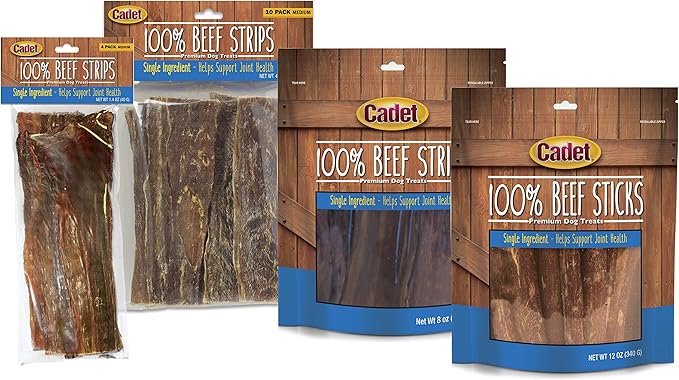 Cadet 100% Beef Strips Dog Treats, Single Ingredient Beef Esophagus Dog Jerky, Healthy High Protein Rawhide Alternative for Small & Large Dogs, 8 Ounce