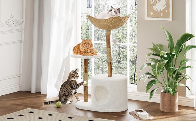 Luxury Wooden Cat Tree Tower for Large Cats41"/46" Modern Cat Condo with Natural Wood, Jute Scratching Posts, Spacious Woven Basket, Hanging Plaything Balls – Deluxe Indoor Cat Furniture, No locations