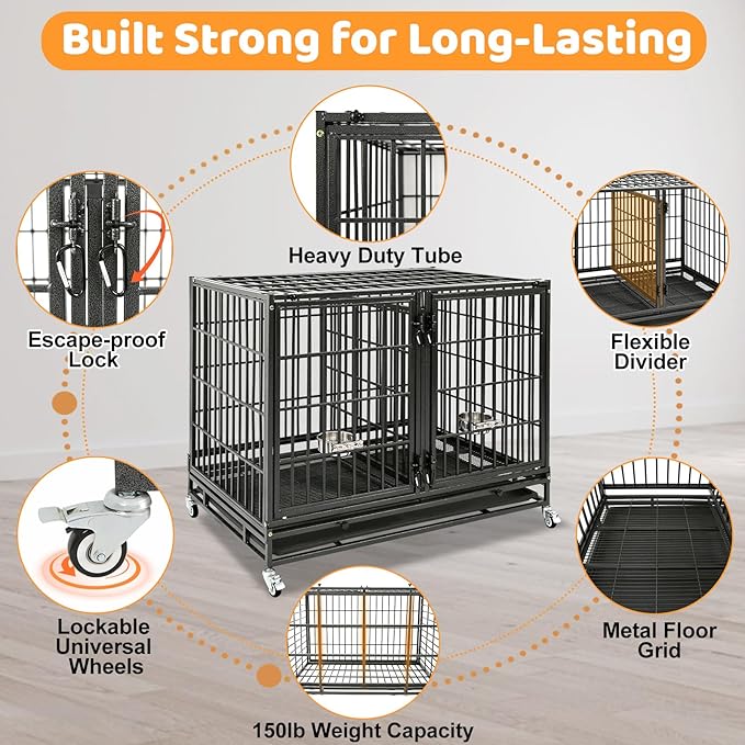 Homey Pet 43 Inch 2 Tiers Dog Crate Cage Kennel with Divider, Stackable Heavy Duty Dog Crate for Large Dogs, Escape Proof Indestructible Dog Kennel Indoor with Removable Tray, Lockable Wheels(4 Packs)
