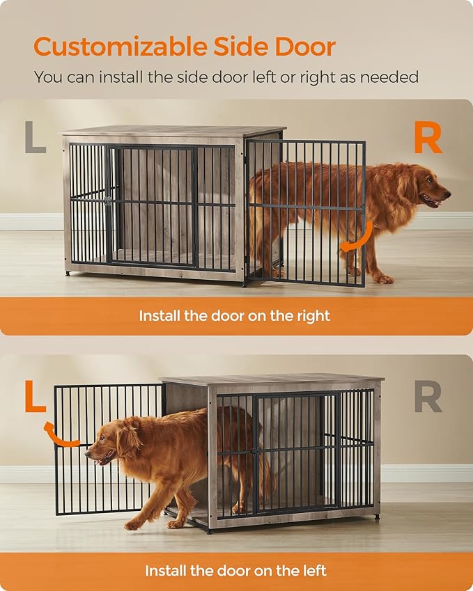 Feandrea 43.3" Dog Crate Furniture, Heavy-Duty Dog Cage Side End Table, XL Pet Wood Kennel for Large and Medium Dogs up to 80 lb with Enclosed Base, Double-Door Pet House, Greige