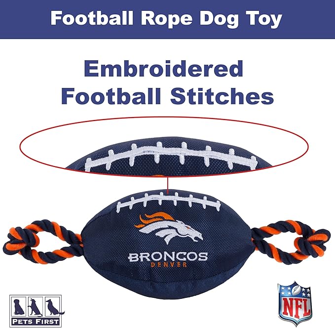 Pets First NFL Denver Broncos Football Dog Toy, Tough Quality Nylon Materials, Strong Pull Ropes, Inner Squeaker, NFL Team Color