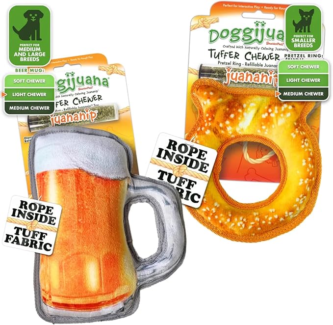 Doggijuana Doggi Duo Refillable Juananip Toy Bundle | Mini P & Beer | Funny Dog Toy Plush with Catnip and Refill | Interactive Chew Toy for Play