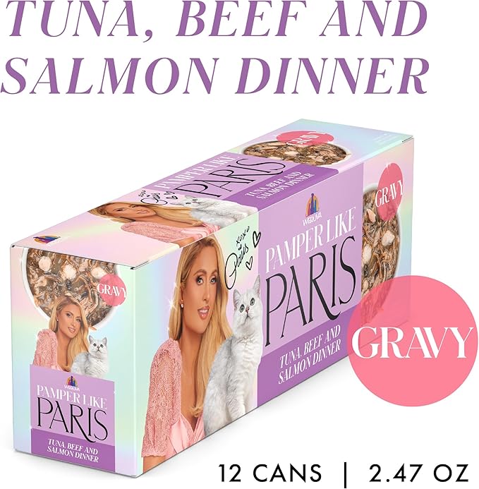 Weruva Paris Hilton Pamper Like Paris Natural Grain Free Wet Cat Food, Tuna, Beef, and Salmon in Gravy, 2.47oz Can (Pack of 12)