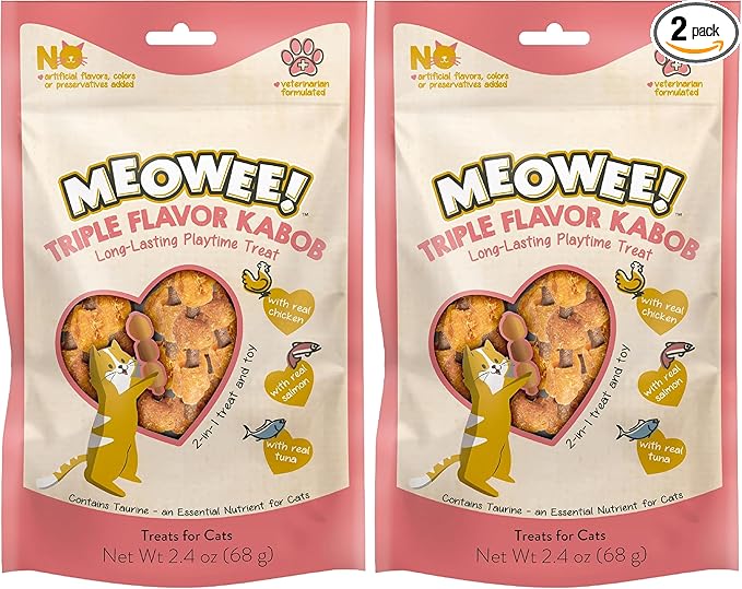 MEOWEE! Triple Flavor Kabobs Cat Treat, 2.4 Ounce Bag, Long-Lasting Playtime Treat for Cats Made with Real Chicken, Salmon & Tuna (Pack of 2)