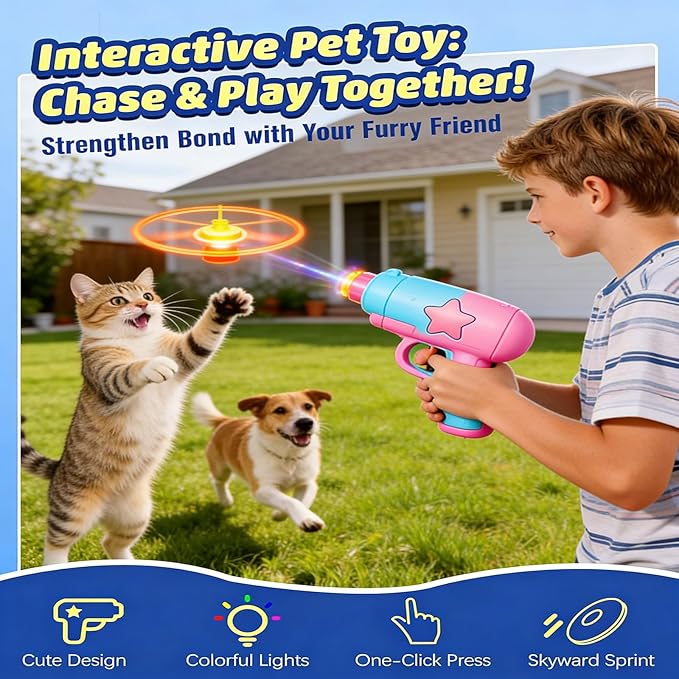 Bamboo Dragonfly Catapult Launcher, Flying Disk Launcher Toy,7 Piece Cat Fetch Toys,Interactive Flying Cat Toy for Pet Exercise & Night Play,with LED Glow (Dark Blue)
