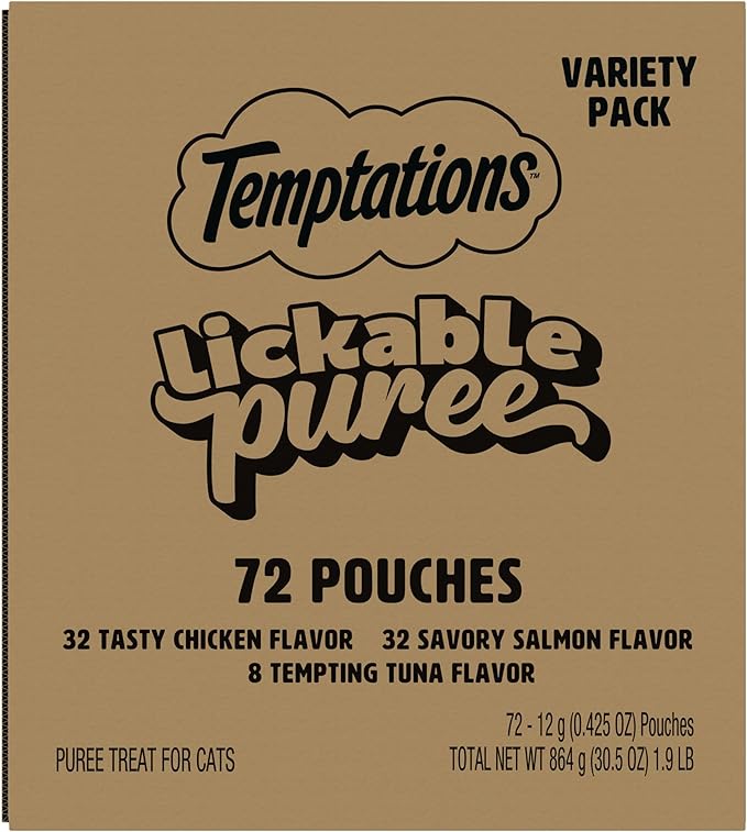Temptations Creamy Puree Squeezable Lickable Wet Cat Treat Variety Pack, 0.42 oz. Tubes, 72 Count