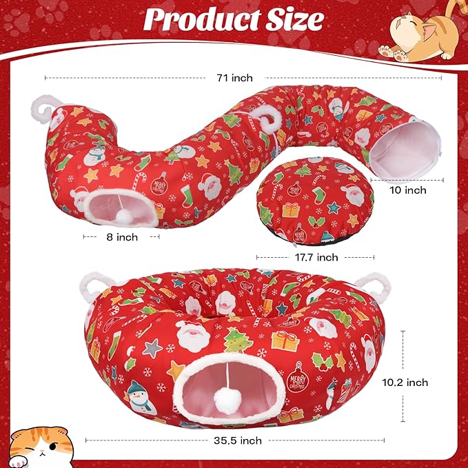 Cat Tunnel Christmas Tree Skirt, Cute Cat Tunnel Bed Under Christmas Tree with Washable Mat, Dangling Balls, Circle Pet Donut Tube Bed for Kitten Puppy Rabbit, Cats Xmas Toy Gifts