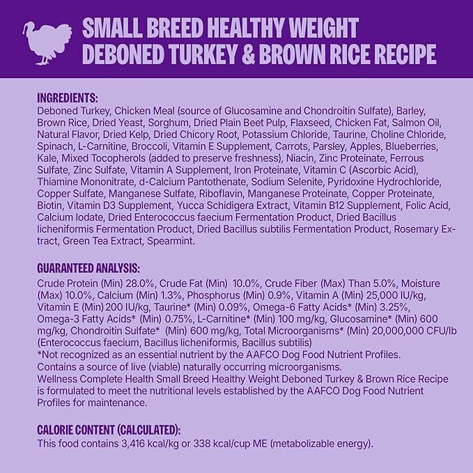 Wellness Complete Health Healthy Weight Small Breed Adult Dry Dog Food, Wholesome Grain Kibble, Natural, Turkey and Brown Rice Recipe, 12 lb Bag