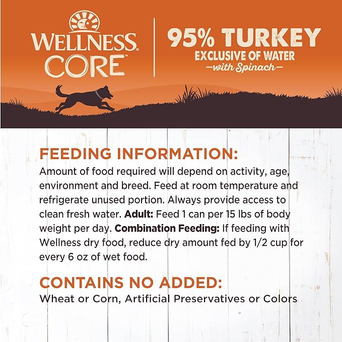 Wellness CORE 95% Adult Canned Wet Dog Food, Grain Free, Natural, Turkey with Spinach Recipe, 12.5 oz, Pack of 12 Cans