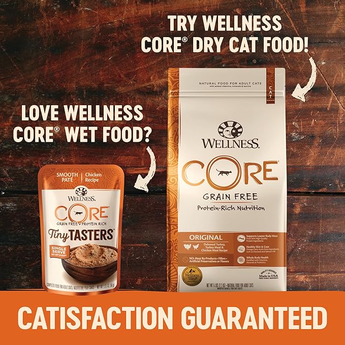 Wellness CORE Tiny Tasters Pate Adult Wet Cat Food, Natural, Protein-Rich, Grain Free, 1.75 Ounce Pouch (Chicken),(Pack of 24)